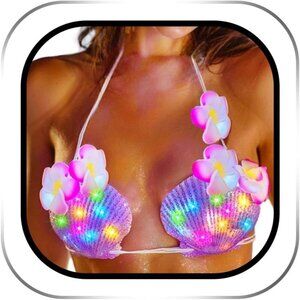 Women's Purple Light Up Shell Bra Bikini Top Flower Seashell Glowing Rave Outfit